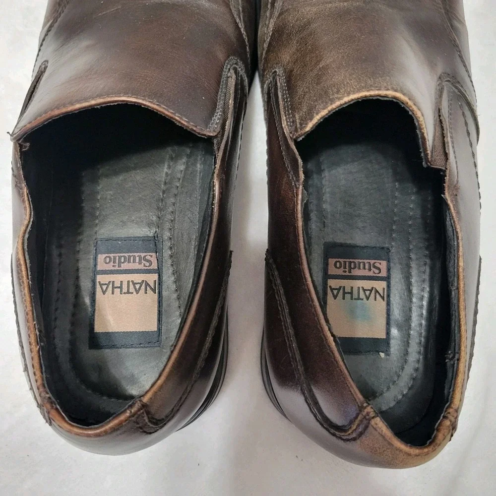 Natha Studio Mens Brown Leather Dress Shoes Loafer Slip On Style 27504 Size 11.5